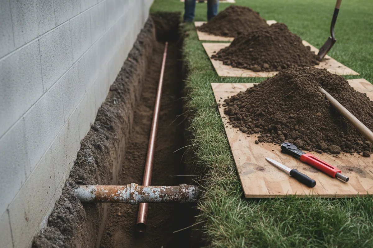 Excavated water line trench during Water Heater Repair in Macksburg